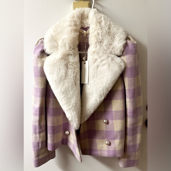 LoveShackFancy Dumont Jacket S Lavender Check Tweed Faux Fur Collar Coat $695 - Picture 7 of 10